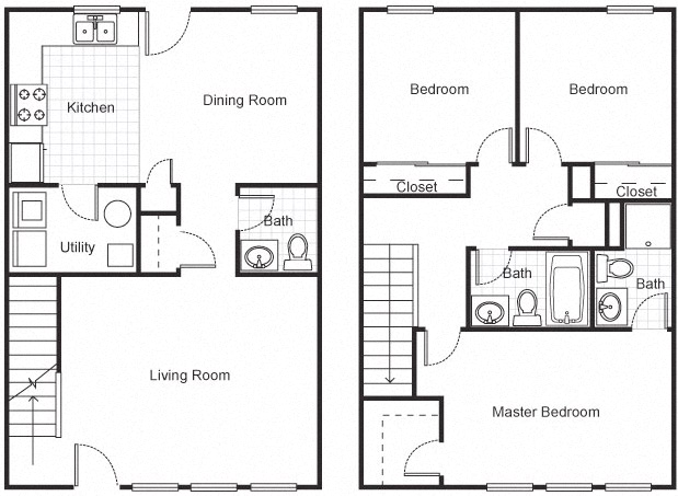 Floor plan for 3 beds, 2 baths, 1265 sqft